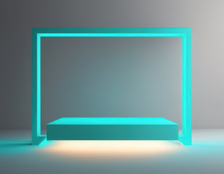 3d rendering of a green podium in a dark room with neon lightの素材