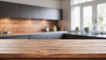 Empty wooden table in front of blurred kitchen background, product display montageの素材