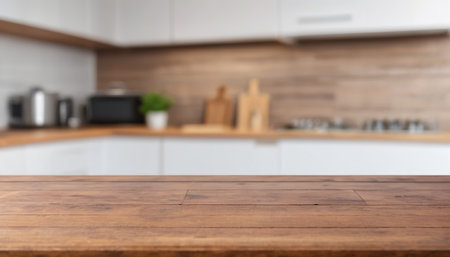 Empty wooden table and blurred background of kitchen interior for product display montageの素材