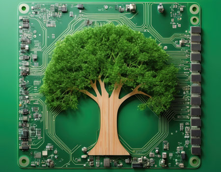 Green tree on a circuit board with microchips and electronic componentsの素材