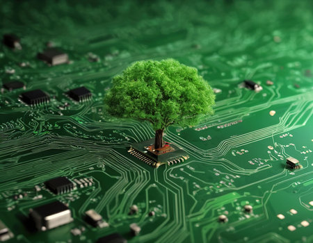Green tree on the circuit board. The concept of environmental protection.の素材