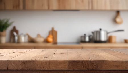Empty wooden table in front of blurred kitchen background, product display montageの素材