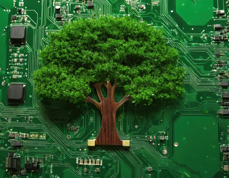 Green tree on computer circuit board background. Ecological technology concept.の素材