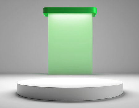 Green round podium on a gray background. 3d rendering, 3d illustration.の素材