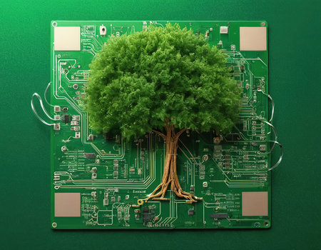 Green tree on electronic circuit board on green background. Ecology concept.の素材