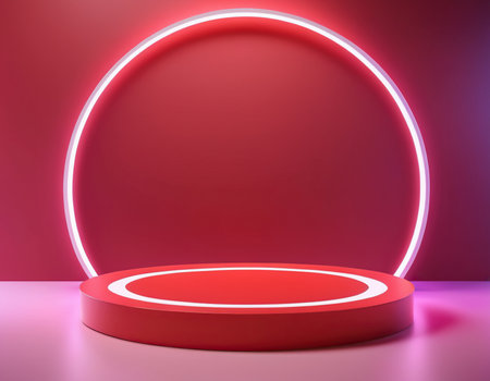 Abstract round podium illuminated with neon. Award ceremony concept. Stage backdrop. Vector illustrationの素材