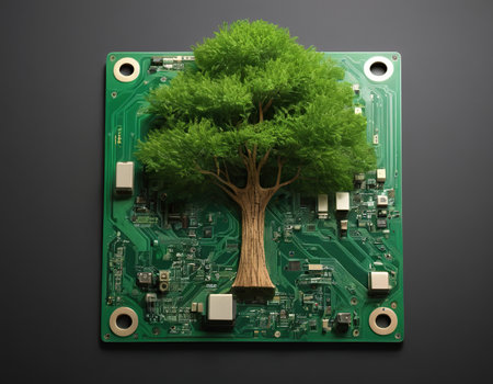 Green tree on circuit board on black background. 3d illustration.の素材