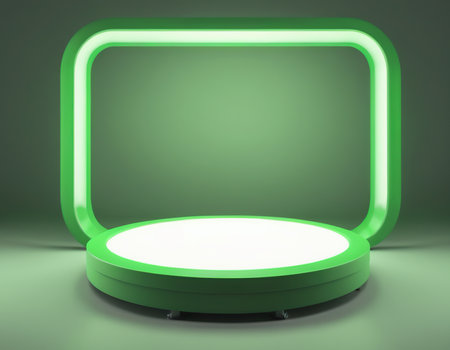 3d render of a green podium with neon lights on a green backgroundの素材