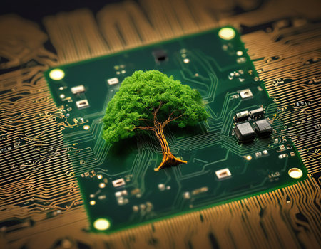 Green tree on a computer circuit board. Technology concept. 3D Renderingの素材