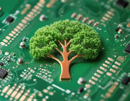 Green tree on computer circuit board. Eco technology concept. 3D Renderingの素材