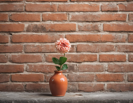 pink flower in vase on brick wall background, vintage toneの素材