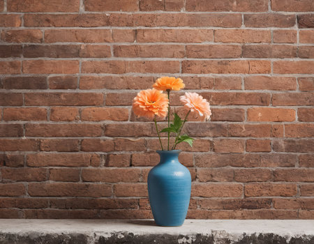 Vase with gerbera flowers on the brick wall background.の素材