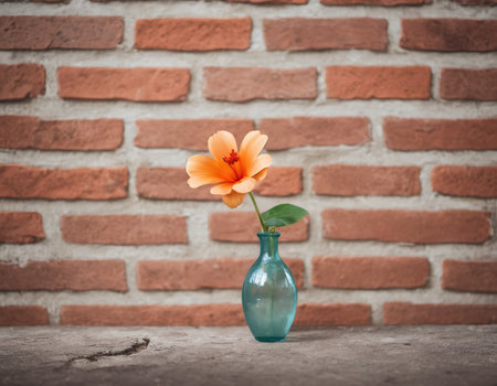 Orange flower in vase on brick wall background, vintage tone.の素材