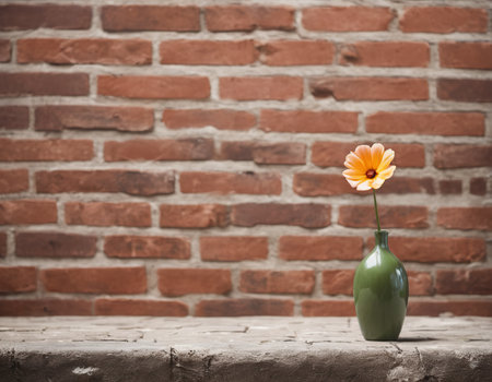 Flower in vase on brick wall background, vintage color toneの素材