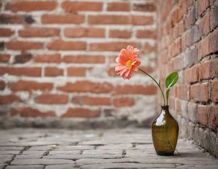 Flower in vase on brick wall background with copy space.の素材