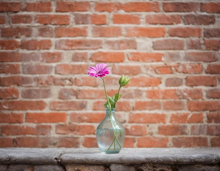 Gerbera flower in vase on old brick wall background.の素材