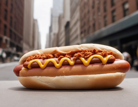A hot dog with mustard and ketchup on a street in New York Cityの素材