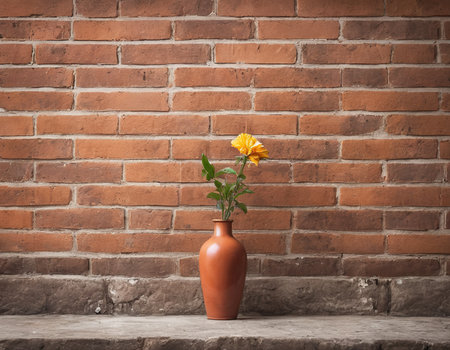 Vase with yellow flower on brick wall background, vintage color toneの素材