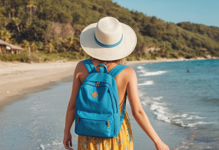 Young woman in hat with backpack on the beach. Travel concept.の素材