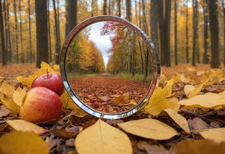Reflection in mirror of autumn forest with apples and fallen leaves.の素材