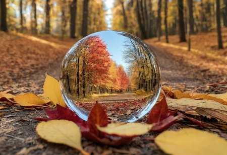 A crystal ball with a view of the autumn forest through it.の素材