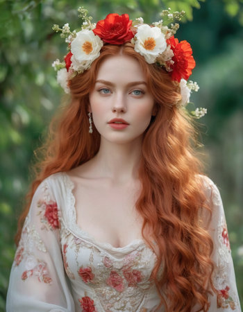 Portrait of a beautiful red-haired girl with flowers in her hairの素材
