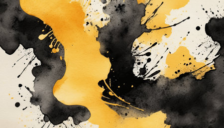 Abstract watercolor background with black and yellow splashes and stains. Hand-drawn illustration.の素材