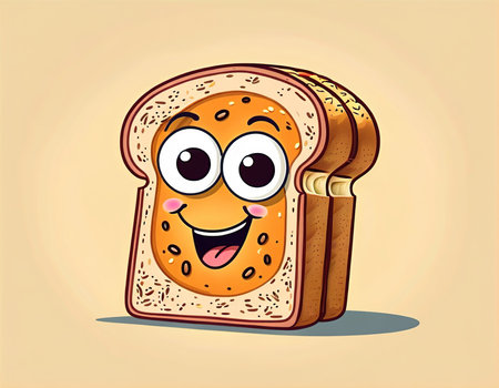 Cartoon bread with happy face on beige background. Vector illustrationの素材