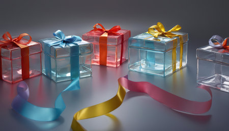 Gift boxes with ribbons on a gray background. 3d renderingの素材