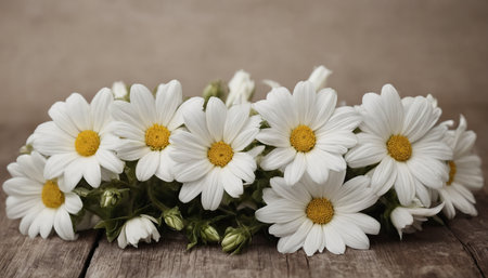 Bouquet of white daisies on a wooden table.の素材