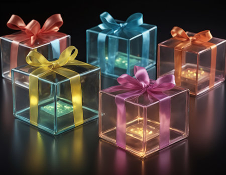 Colorful gift boxes with bows on black background. 3D illustration.の素材