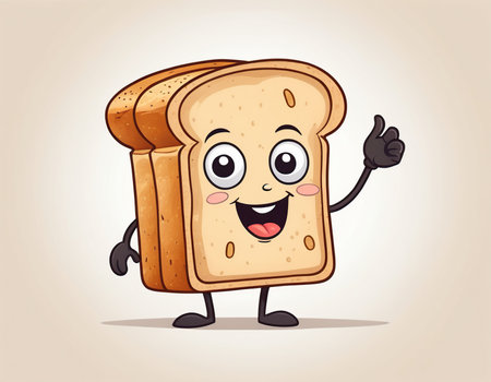 Illustration of a slice of bread with a cute face and smileの素材