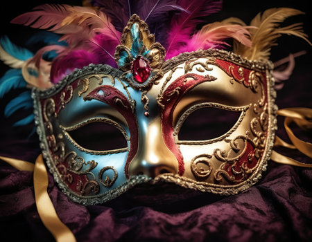 Photo of elegant and delicate Venetian mask over purple silk backgroundの素材