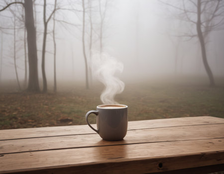 Cup of coffee on a wooden table in a foggy forestの素材