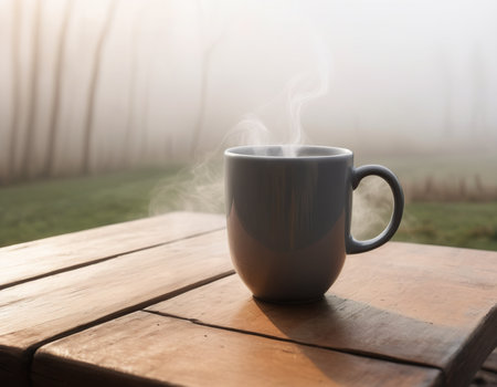 Coffee cup on wooden table with foggy nature background.の素材