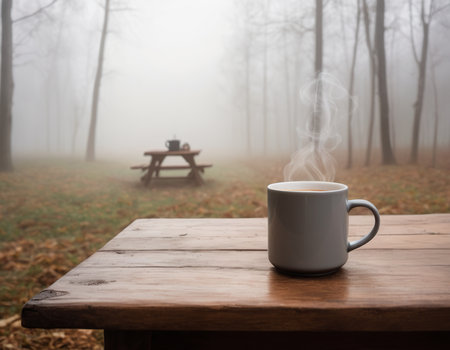 Cup of coffee on a wooden table in the foggy forestの素材