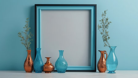 Vintage blue frame with vases on blue wall background. 3d renderingの素材