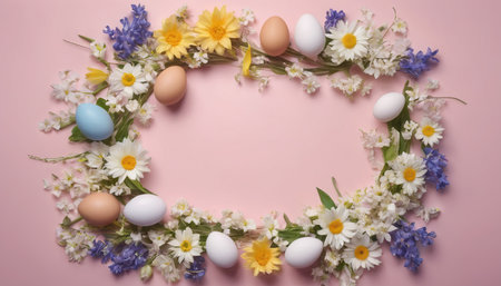 Easter frame with flowers and eggs on pink background, top viewの素材