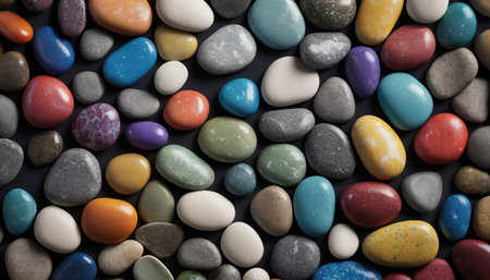Colorful pebble stones background. Flat lay, top view.の素材