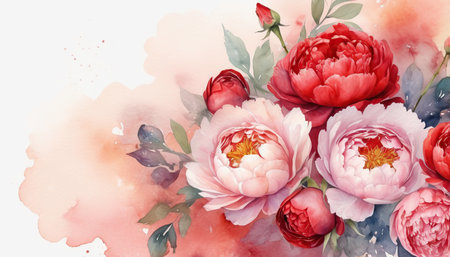 Watercolor painting of peony flowers on white background, vector illustrationの素材