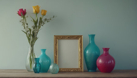 Vase with tulips and picture frame on the wooden table.の素材