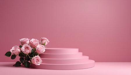 3d render of pink podium with rose flowers for product display.の素材