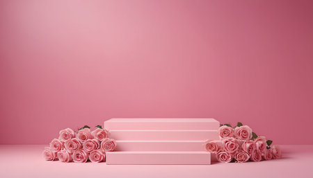pink podium with roses on pink background. 3d render illustrationの素材