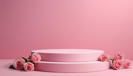 pink podium and pink roses on pink background, 3d renderの素材