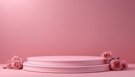 pink podium with roses on pink background. 3d render.の素材