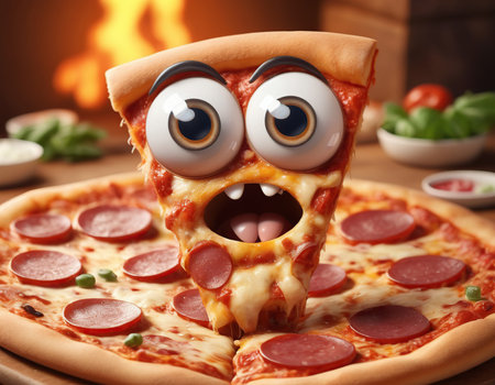 Funny pizza with eyes and mouth on a wooden table. 3d renderingの素材