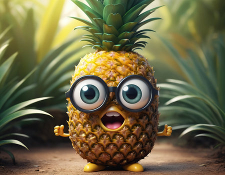 Funny pineapple character with big eyes and smiley face. 3d renderingの素材