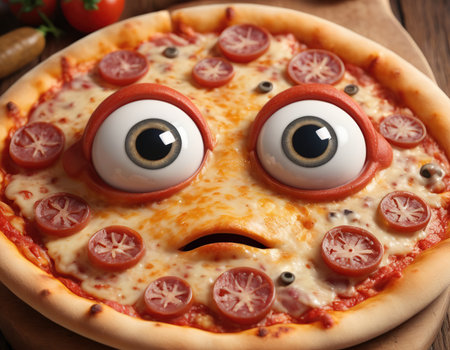 Pizza with funny face on wooden table, closeup. Food conceptの素材