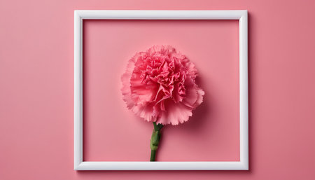 Pink carnation in white frame on pink background. Flat lay, top view.の素材