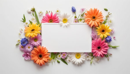 Flowers composition. Frame made of colorful flowers on white background. Flat lay, top view, copy spaceの素材